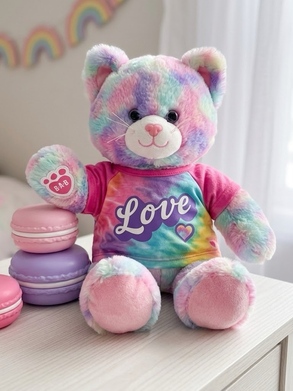 Build-A-Bear Pastel Rainbow Swirl Kitty Plush Pink Love Tie Dye Graphic Tee 15”